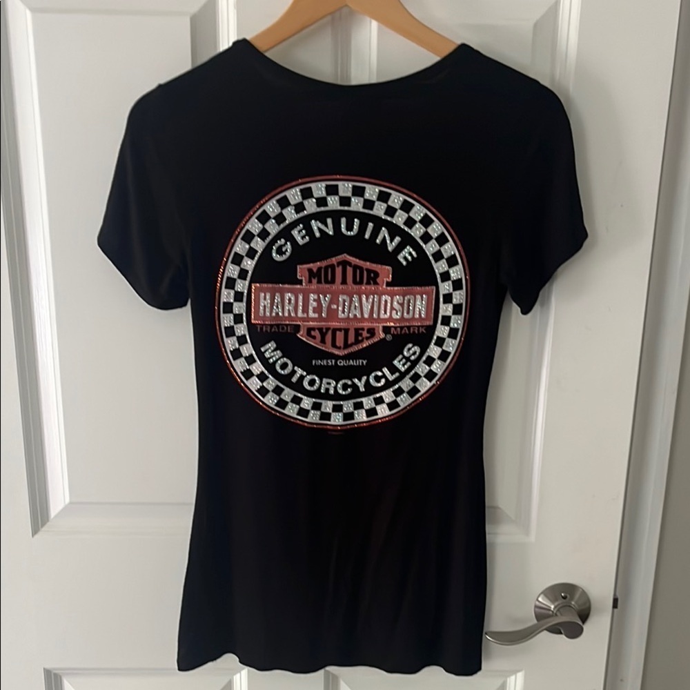 Harley-Davidson Short sleeve cross vneck bling T-Shirt size XS black/orange